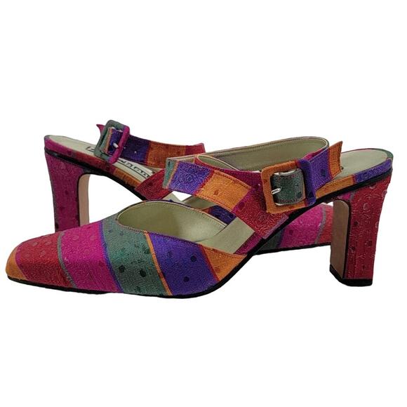 Costa Blanca Block Heel Sandals 7.5M Pink Gold Jacquard NIB Made in Spain - Picture 1 of 14